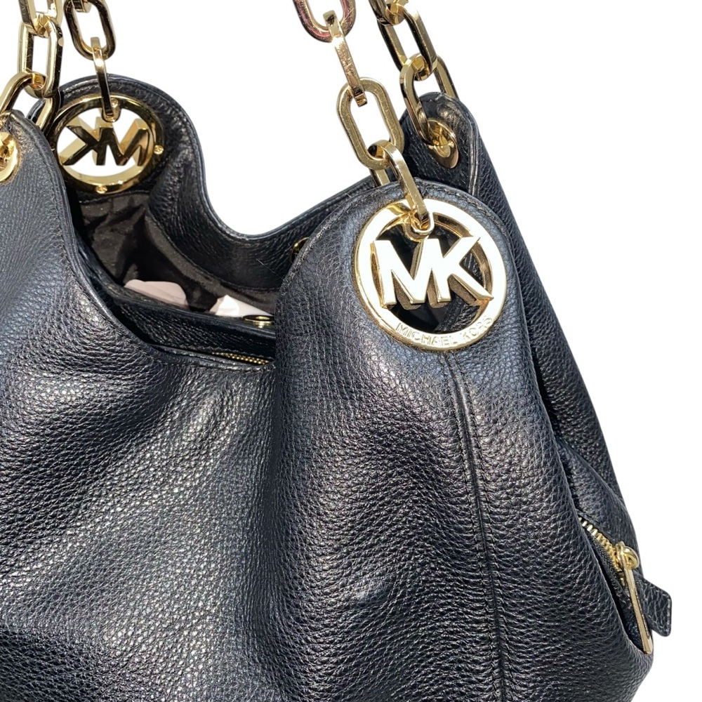 Michael Kors Fulton Shoulder Bag Black Pebble Leather Gold Tone Chain and Logo - Picture 3 of 16